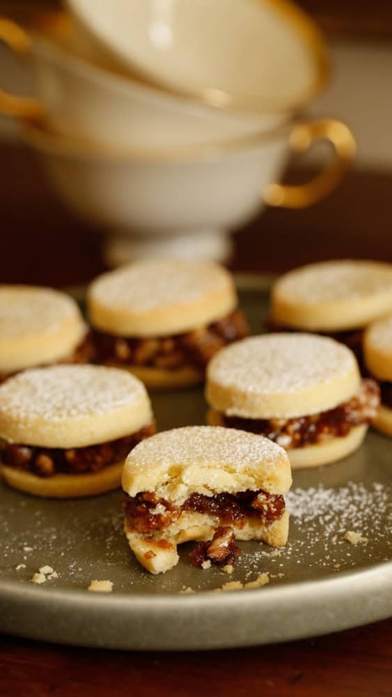 A cookie with a bite taken out of showing the nutty, jammy texture.