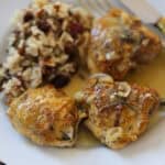 crispy chicken breasts with sauce on a plate with wild rice, cranberries and pecans.