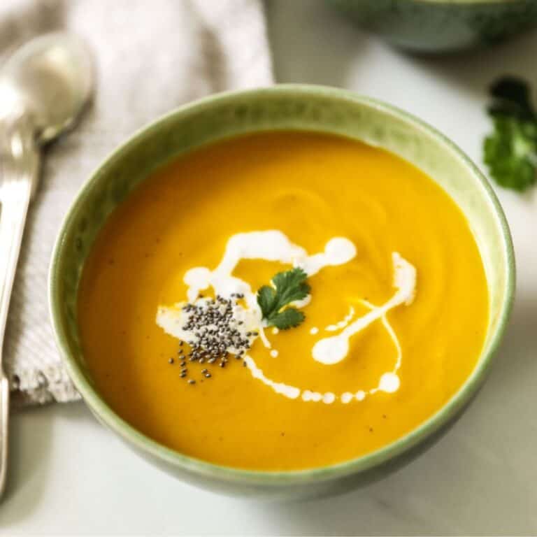 Carrot Ginger Soup with Coconut Milk and Cilantro.