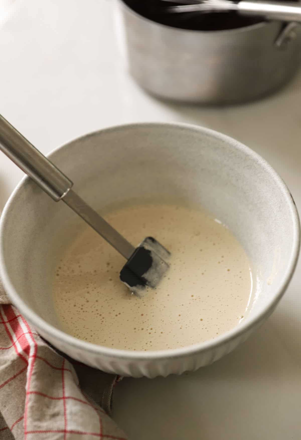 Eggs and sugar whipped until thick and frothy.