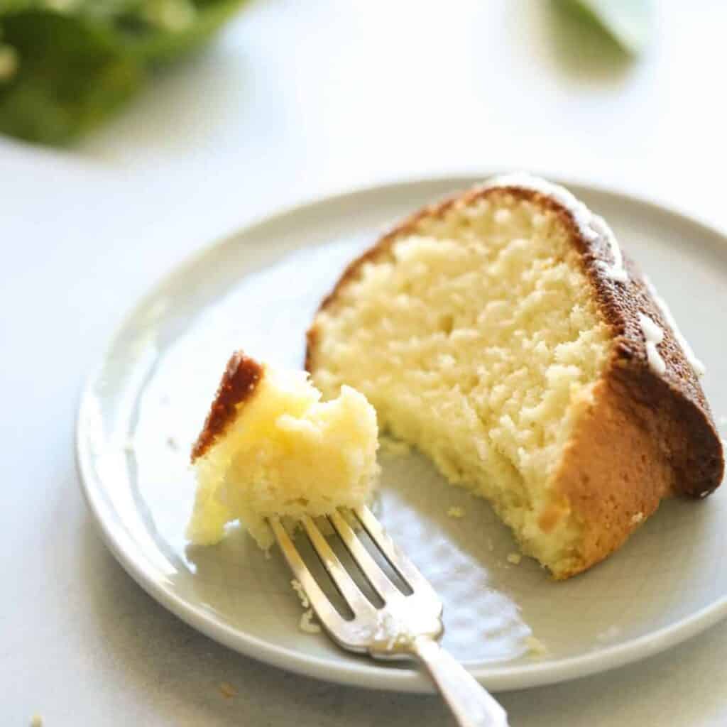 Lemon Pound cake slice on a plate