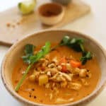 Thai Red Curry with Chicken in a bowl garnished with cashews, lime juice and cilantro.