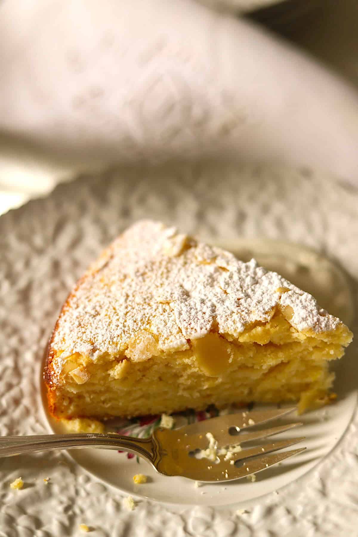A profile of a slice of cake showing its fluffy texture.