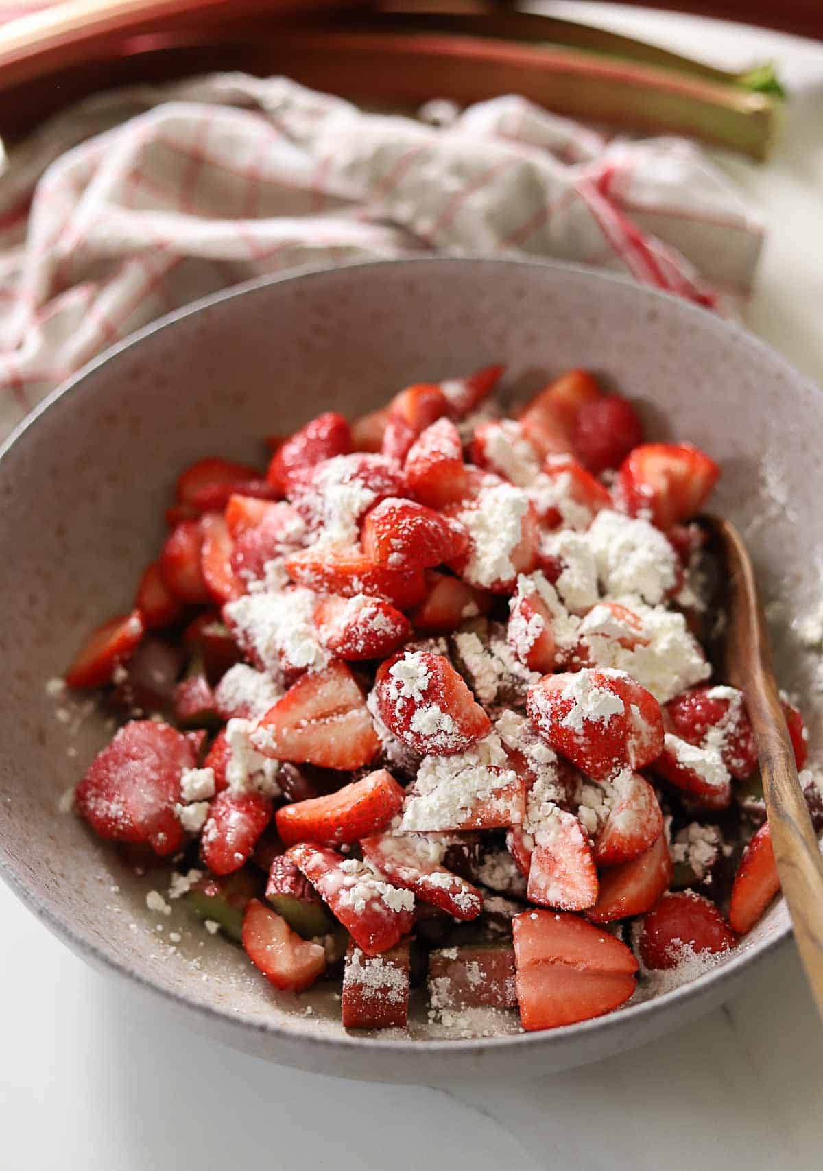 Strawberries and rhubarb tossed in sugars and cornstarch.